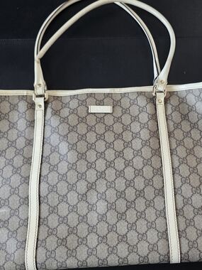 Authentic Gucci Brown and Cream GG Monogram Canvas Pouch with Leather Trim